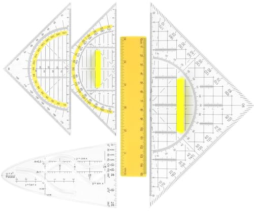 HaPWan Juego de dibujo geométrico de 5 piezas con asa, escuadra grande y pequeña, plantilla de parábola, regla de 15-22 cm para escuela, estudio y oficina