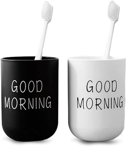 TLDBATICE Juego de 2 vasos para cepillos de dientes, color blanco y negro con exprimidor de pasta de dientes, vaso de plástico para cepillos de dientes, vaso irrompible para baño familiar
