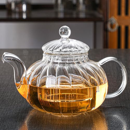 YUEMING Tetera de Vidrio y Juego de Té Con Forma de Calabaza, a Rayas, Filtrante, 600ml