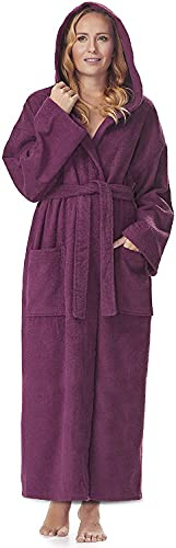 Arus Accappatoio da donna con cappuccio, llunghezza alla caviglia, 100% cotone spugna, Prugna, S-M lunghe