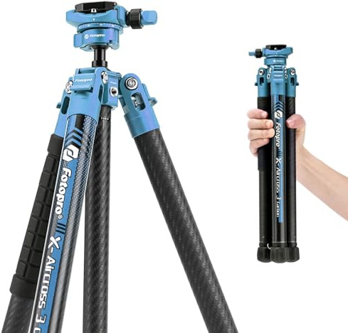Fotopro kolfiberstativ 60 tum 360 graders kulhuvud snabbfrigörande platta lätt resestativ, max belastningar upp till 8 kg, blå
