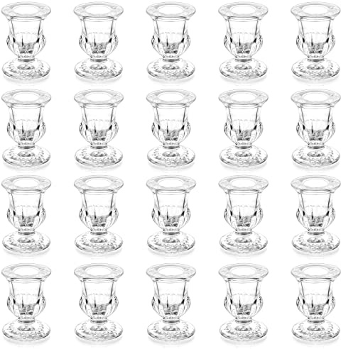 20 Pcs Glass Taper Candle Holders - Romadedi Clear Small Candlestick Holder Bulk, Thicker Glass Candle Sticks Set for Wedding Christmas Party Dining Table Table Centerpiece Decor