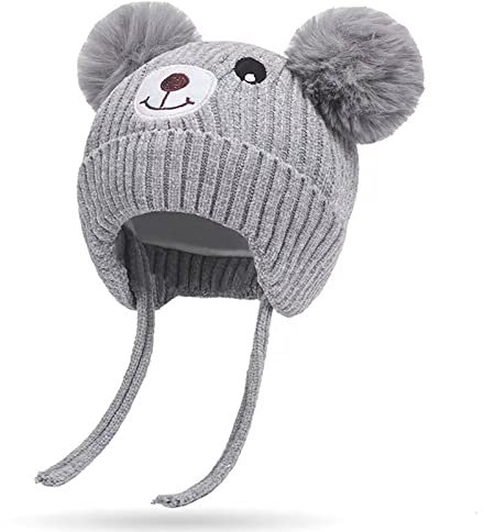 KEELYY Gorro de punto para bebé, gorro de punto para otoño, gorro de invierno, sombrero dulce con orejeras y cintas para atar cálido para niños y niñas