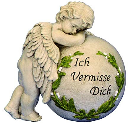 Miss Lovely Grabschmuck Grab-Deko Figur Gedenk-Steine mit Engel, Kreuz & Rose grau wetterfest Urnengrab Friedhof-Deko Trauer Beerdigung Abschied Beisetzung Begräbnis (Ich vermisse Dich)