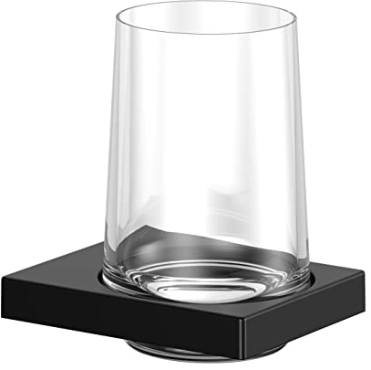 KEUCO Edition 11 Zahnputzbecher aus Kristallglas mit Wand-Halterung, schwarz matt, inkl. Schrauben und Dübel, Glashalter aus Metall zum Bohren