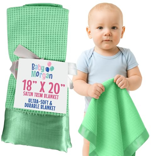 Baby Morgan Thermal Waffle Knit Baby Blanket - Soft Breathable Mini Blanket for Newborns and Infants - Toddler Blankey for Strollers, Travel, Naptime, Nursery and More - 18 x 20 (Mint, Satin Trim)