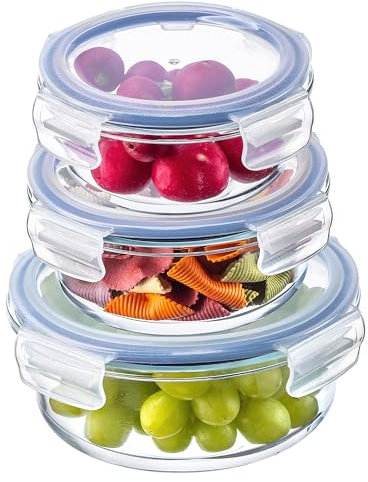 KADAX Ensemble de Boîtes en Verre avec Clips de Fermeture pour Conservation Alimentaire, Récipients avec Couvercles Hermétiques (Ronds, Lot de 3)