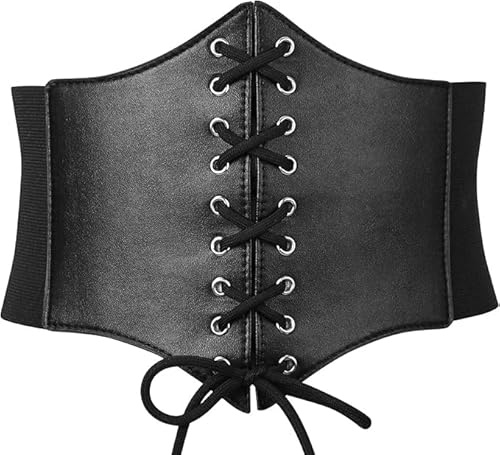 HATOFES Black Corset Belt for Women Tied Waist Belt Vintage Lace-up Stretchy Elastic Belt Retro Theme Party Wide Belt for Halloween (Fit Waist Size 27-29)