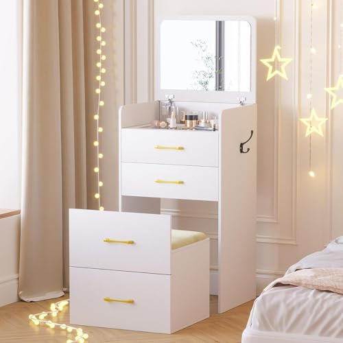 Gurexl Schminktisch mit Spiegel, 3 in 1 Kleiner Vanity Table mit 3 Schubladen Gepolstertes Werkzeug, Dressing Table für Schlafzimmer mit Stuhl Hocker (Weiß)