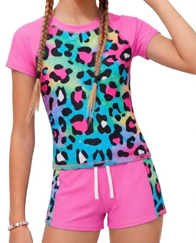 JiAmy Traje de Baño para Niñas Infantil de Dos Piezas de Manga Corta con Protección Solar UV Ropa de Baño de Verano para Playa Bañador 4-12 Años, Leopardo Rosa, 6-7 años