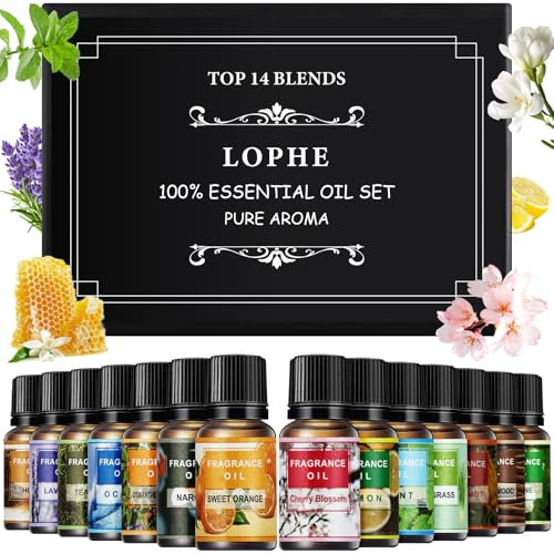 LOPHE Essential Oils Set, 14 x 10 ML Fragrance Oils Gift, Water-Soluble Scented Oils for Diffuser, Humidifier, Massage, Aromatherapy, B