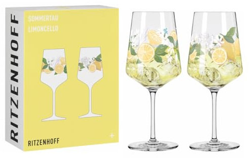 RITZENHOFF 6041006 Lot de 2 verres à limoncello 500 ml – Série Sommertau – 2 pièces pour apéritif – Motif citron coloré – Fabriqué en Allemagne
