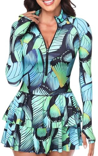 Einteiler Rash Guard Damen, UV-Schutz UPF 50+ Langarm Surf Shirt mit Schönen Mustern Bademode Badeshirt - Schwimmen Monokini mit Bein Rock,Grün 2,M