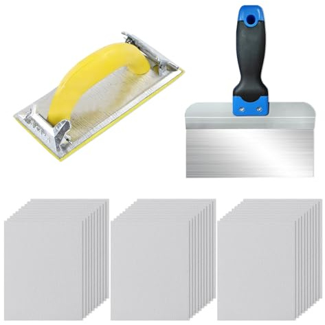 Set Spatola e Levigatura, Spatola per Superfici in Acciaio Inox 20.3 × 13.1 cm + Levigatrice Manuale in Ferro + 30 Fogli Carta Vetrata per Muro, per Applicare, Stuccare, Levigare Cartongesso (Argento)
