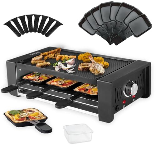 TAMARIT Barbecue elettrico per pizza Raclette per 8 persone, 3 in 1, con doppio riscaldamento, rivestimento antiaderente senza BPA, regolatore di temperatura 1500 W, nero