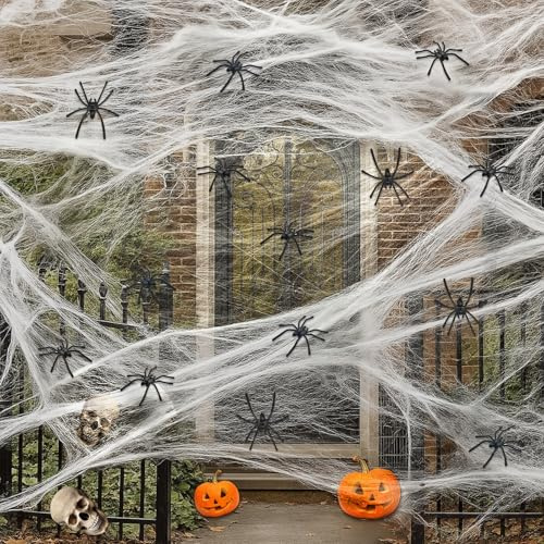 xiaoxiaozhijia Telaraña de Halloween,Tela Elástica 150 g 40 Arañas Falsas para Interior y Exterior,Decor Espeluznante Decoración de Halloween (Blanco)