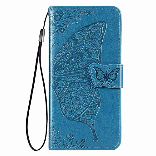 DEDUX Flip plånboksfodral till Samsung Galaxy A56 5G, 3D-präglad fjäril ros blomma PU-läder ställ ID-kortsplatser, folio flipfodral med korthållare. Blå