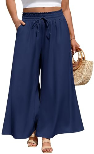 PASUDA Pantalones Mujer Verano Tallas Grandes Largos Fluido Anchos Pantalón Cintura Alta Elástico con Bolsillos Frescos Casual Playa Pantalones Cómodo Pantalon de Trabajo(Azul Marino,3XL)