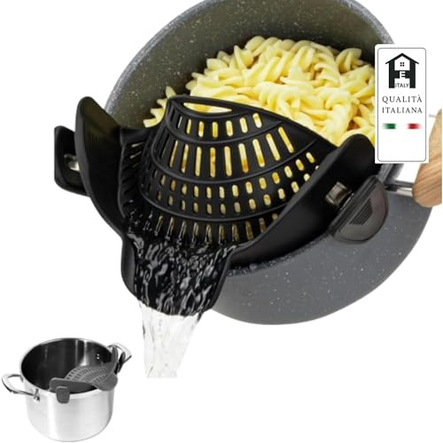 EITALY Scolapasta in Silicone con Clip–Colino per pasta da appendere a pentola, padelle e ciotole-lavabile in lavastoviglie e adatto agli alimenti-Colapasta, Cucina, Scola Pentola, Cose per la Casa