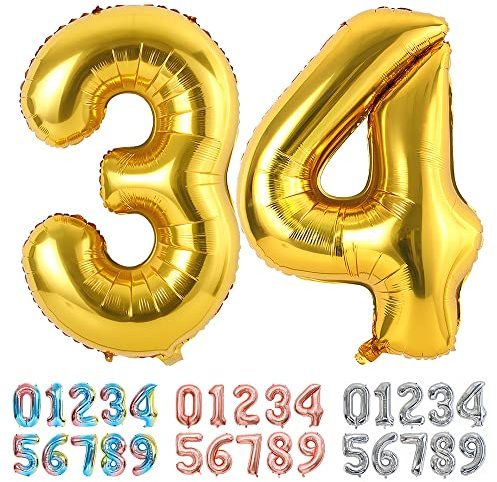 Ponmoo Foil Balloon Number 34/43 Gold, Giant Numbers 0 1 2 3 4 5 6 7 8 9 10-19 20-29 30-39 40-49 50-60-70-80-90-100, Large Balloons for Wedding Anniversary Birthday Party Decoration