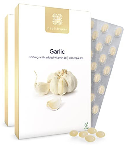 Healthspan Knoblauch 800 mg | Herzgesundheit | Zusatz von Vitamin B1 | Zusatz von Petersilienöl für die Neutralisierung des Geruchs | Vegan | 360 Kapseln