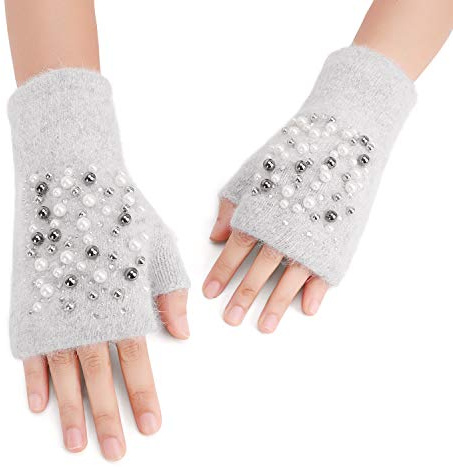 TINAYAUE Hiver Gants pour Femme Demi-doigts en Fausse Fourrure de Lapin Mitaines Peluche Chaude Gants Tricotés Avec Perles Moufles Epais sans Doigts Moufle de Ski pour Etudiant Adulte
