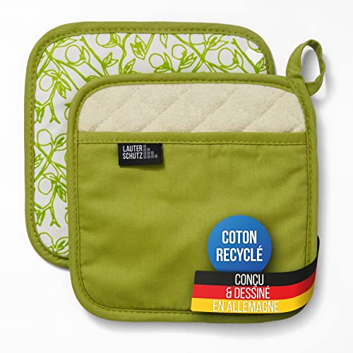 LauterSchutz® 1 pair of pot holders made of (recycled) cotton - With handle pocket and fleece lining (Green)