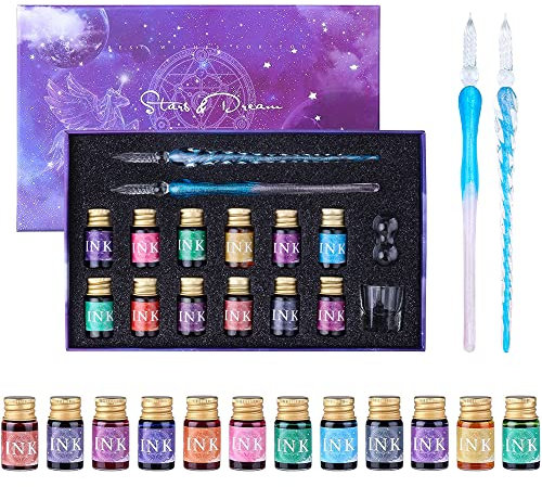 Yuandream Verre Dip Lot de stylos, 2 stylos en verre en verre et 12 encres multicolores, Ensemble de stylos en verre convient à la calligraphie cadeaux pour artiste, femmes, hommes, adolescents