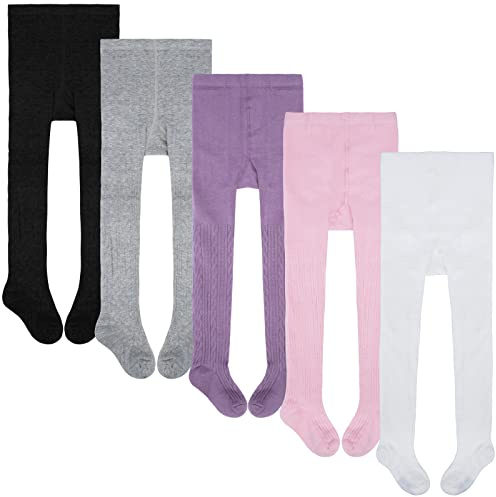 Looching 5Pack Toddler Baby Girls Cable Knit Leggings Solid Cotton Footed Tights Warm Stockings Pantyhose Pants Trousers for 4-6T
