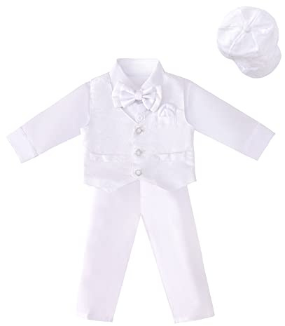 Dressy Daisy Infant Baby Boy Christening Clothing Baptism Outfit All White Suit Set with Bonnet Size 3-6 Months, Long Sleeve