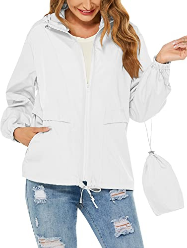 Tisfeer Raincoat for Women Waterproof Windproof Lightweight Rain Jacket Packable Hooded Trench Coat(White,L)