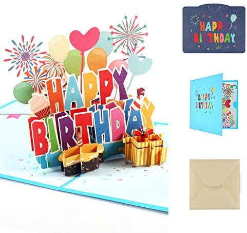 Pop-Up Karte Geburtstag Grußkarte,3D Geburtstagsgrusskarte,Happy Birthday Karte,Geburtstagskarten mit Umschlag und Notizkarte für Frau Mädchen Kinder Männlich Geschenk-Karte,15x15cm