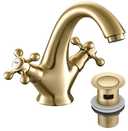 Victoria Golden Bathroom Sink Tap for Basin with Pop Up Sink Plug Dual Cross Lever Gold Brass Swan Neck Bathroom Tap Mixer Traditional Basin Mixer Tap 662WGO