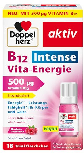 Doppelherz B12 Intense Vita-Energie – hochdosiert mit 500 µg Vitamin B12 pro Trinkfläschchen – 18 Ampullen – vegan