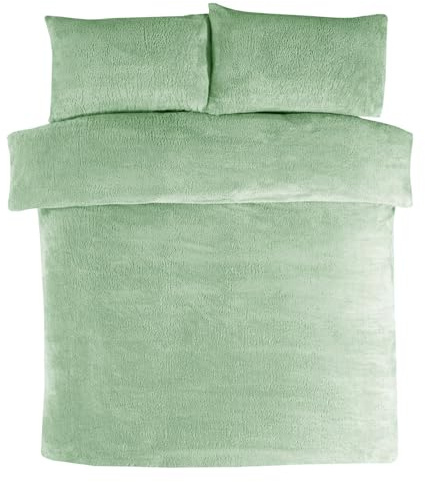Teddy Fleece Duvet Sets – Super Soft Warm Quilt Cozy Fluffy Bedding Fleece with Pillow Cover Bed Size Single Double King Super King Home linen Accessories Bedding Set (Sage green, King)
