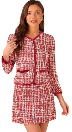 Allegra K Ensemble de Costume pour Femme 2 pièces Tenues Plaid Tweed Court Blazer Veste et Ensembles de Jupe de Noël