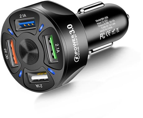 AHDXKUE USB Car Charger, 4 Port QC 3.0 Car Fast Charger 12V Car USB Adapter Cigarette Lighter with Smartphones and Tablets, Etc