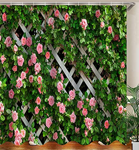 JOOCAR Garden Shower Curtain, Rustic Decor Rosemary Roses Flower on Fence, Waterproof Cloth Fabric Bathroom Decor Set with Hooks, 180x200cm