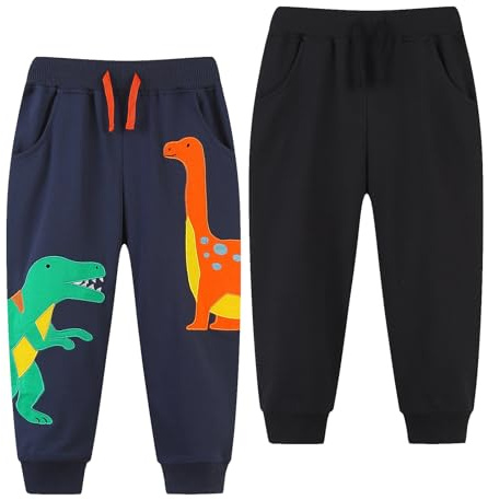 Codkkre 2-pack pojkar joggingbyxor med elastisk midja, barn, joggingbyxor, dinosaurierbyxor för pojkar, sweatbyxor, barn, bomull, sportbyxor, joggingbyxor, barnbyxor, 92 98 104 110 116 122
