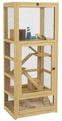 PawHut Käfig für Hamster oder Mäuse, Kleintiere aus Holz, 5 Ebenen mit Leiter, Schaukel, Nistkasten, Tränke, abnehmbare Platte, 54 x 38 x 131 cm, Natur