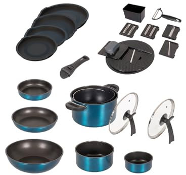 Kelton Pfannenset Töpfe Set 3 in 1 mit Deckel und Gemüseschneider 27 tlg., Kochgeschirr mit Pfannen und Kochtöpfen mit Antihaft Beschschichtung, PFOA & PTFE-frei, abnehmbarer Griff