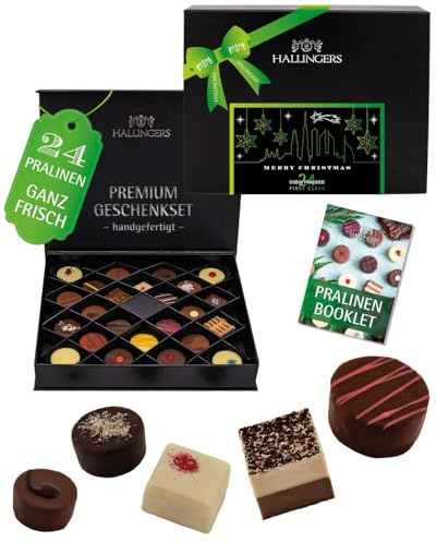 Hallingers Genuss Manufaktur Pralinen Geschenk Weihnachten – 24x Dubai-Style ohne Alkohol, handgemacht aus Premium Edelkakao, edle Geschenkdose Merry Christmas Dubai, Geschenkidee Frauen, Weihnacht