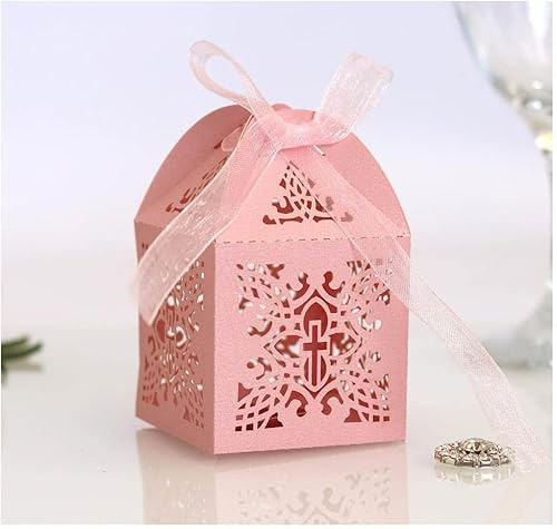 XIANMY Cajas de regalo de boda, con patrón de cruz, caja de regalo para decoración de fiesta de Pascua, Navidad, rosa, 50 unidades