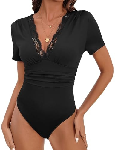 Everbellus Womens Sexy Lace Bodysuits Deep V Neck Body Suit Tops Short Sleeve T Shirts Basic Casual Outfits Black Large