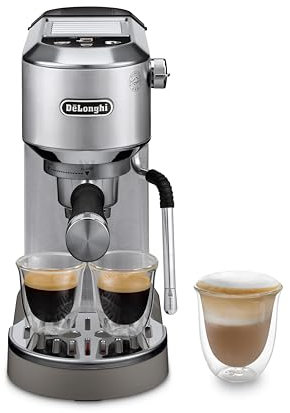 De'Longhi Dedica Duo - Perfetto Kompakte Siebträgermaschine Espressomaschine mit Soft-Touch-Icons, manuellem Milchaufschäumer für Espresso, Cappuccino und Cold Brew, 15cm breit, Metall (EC890.M)