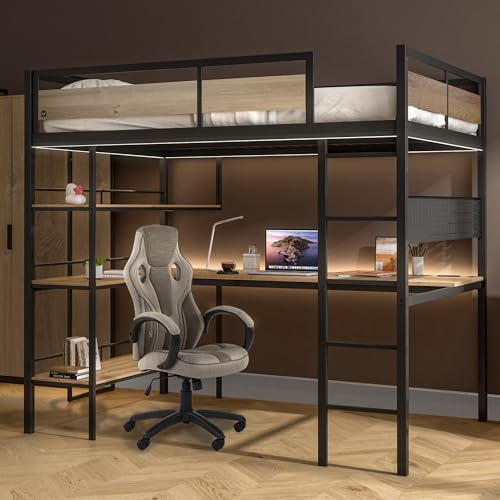 XR Living Denver 4ft6 Double, High Sleeper Bunk Bed - App Controlled LED Lights, Gaming Desk & PC Storage Shelf, Wireless Charging, Sturdy Metal Frame for Kids & Teens - Oak & Black - 135x190cm