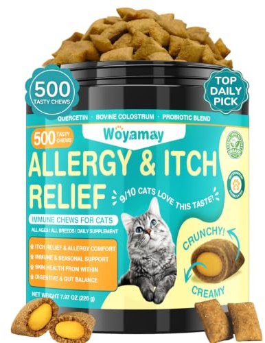 Woyamay Cat Allergy Chews, 500 Treats, Skin & Coat Support, Chicken Flavour | Colostrum, Quercetin, Turmeric, Probiotics & Omega-3 for Itching, Paw Licking, Seasonal Skin Comfort and Coat Support.