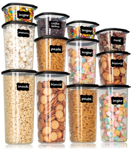 Cozary Set contenitori per alimenti – 12 contenitori ermetici per alimenti (2x 0.36L-1.64L) und 16 etichette nere, ideali per contenitori cucina