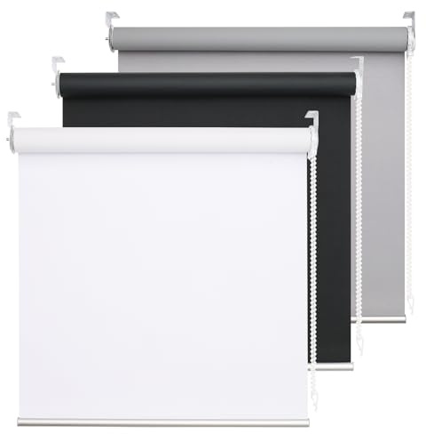 DHSVFCR 100% Blackout Roller Blind, UV Blocking Thermal Insulated Fabric, Child Safe, Easy to Install and Use, Fit Bathroom Kitchen Bedroom Home Office Window, Cord Control, White 65W x 185H cm