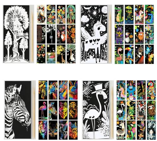 GYCAQAC 48 Pezzi Scratch Art di Animali, Scratch Painting Creative Gift, Scratch Art Paper Rainbow Sketch Sketch, Scratchboard for Adult And Kids, per Disegni, Giochi e Scrittura, con Penna di Legno
